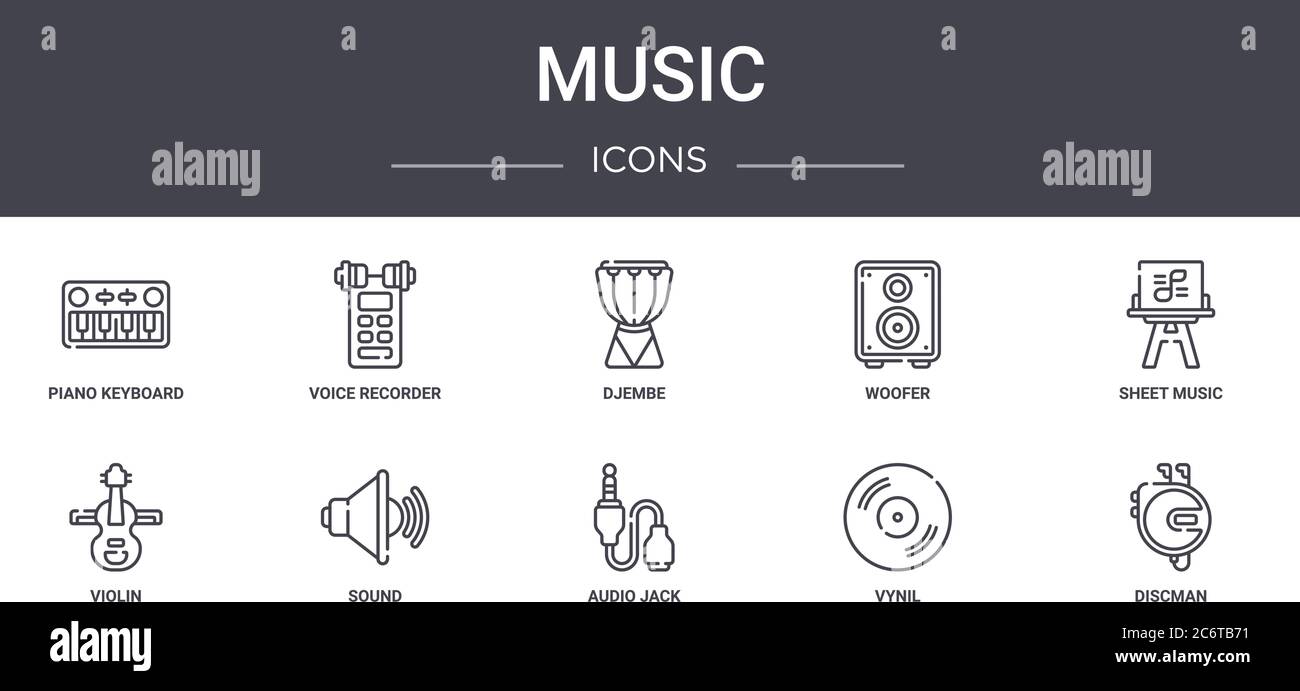 music concept line icons set. contains icons usable for web, logo, ui/ux such as voice recorder, woofer, violin, audio jack, vynil, discman, sheet mus Stock Vector