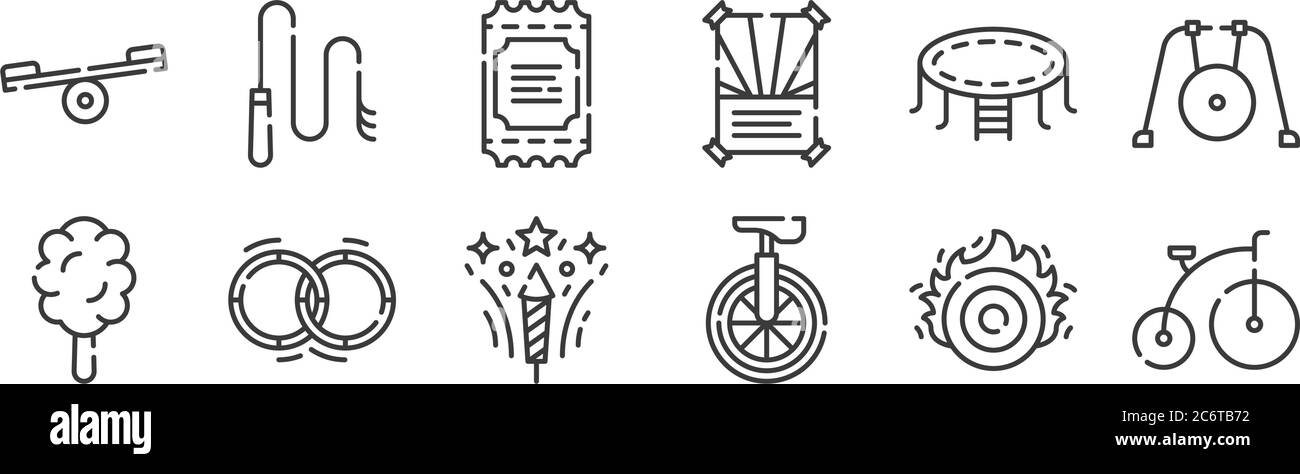 12 set of linear circus icons. thin outline icons such as bycicle, unicycle, hula hoop, trampoline, ticket, whip for web, mobile Stock Vector