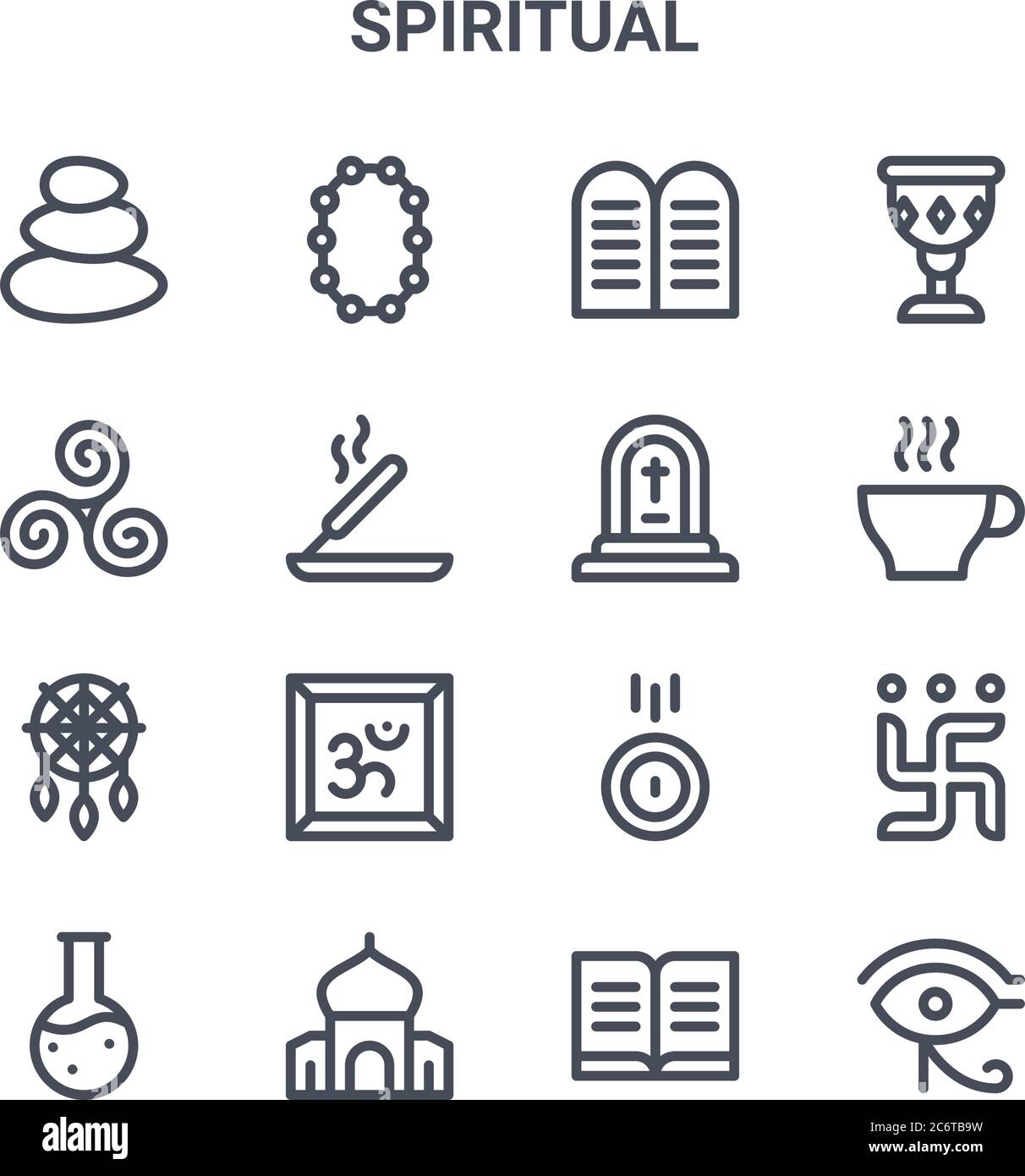 set of 16 spiritual concept vector line icons. 64x64 thin stroke icons such as beads, trisquel, infusion, donation, mosque, eye of ra, , grave, holy c Stock Vector