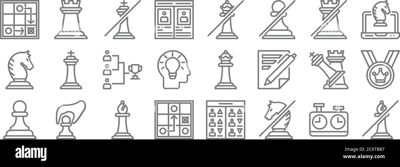 chess game line icons. linear set. quality vector line set such as bishop, knight, tactical, pawn, attack, game statistics, online gaming, queen, rook Stock Vector