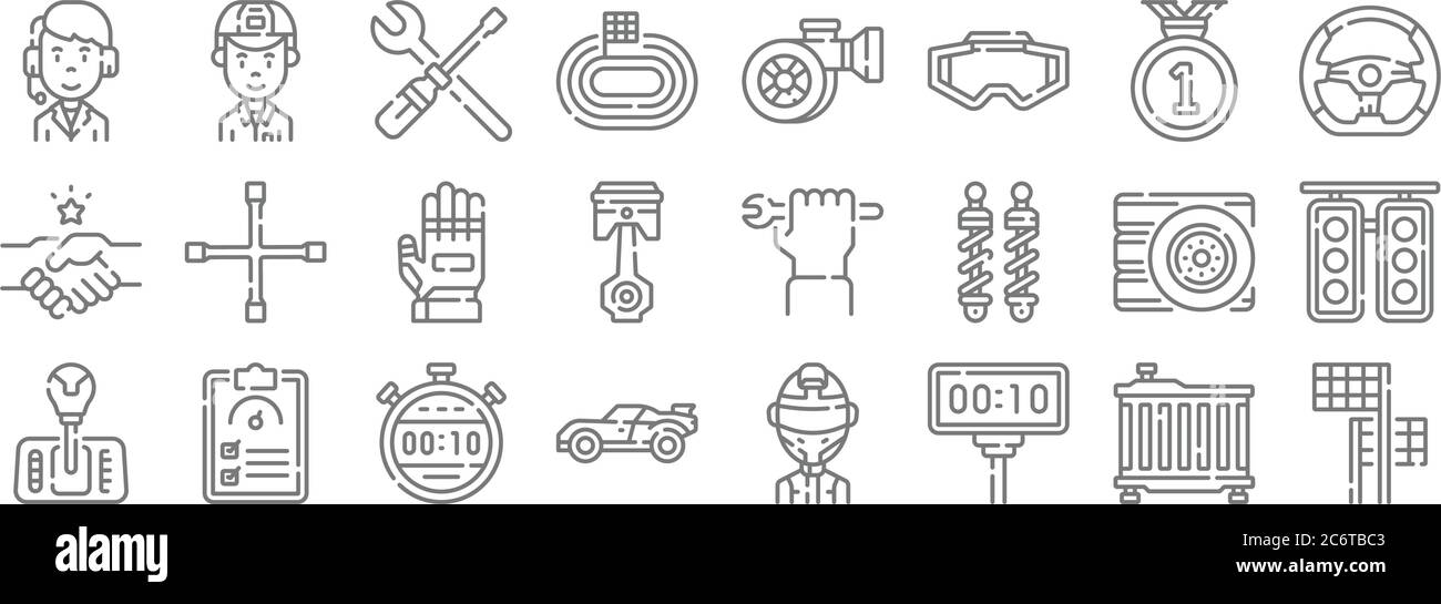 auto racing line icons. linear set. quality vector line set such as finish flag, timer, race car, gearshift, tyre, gloves, steering wheel, turbo, mech Stock Vector