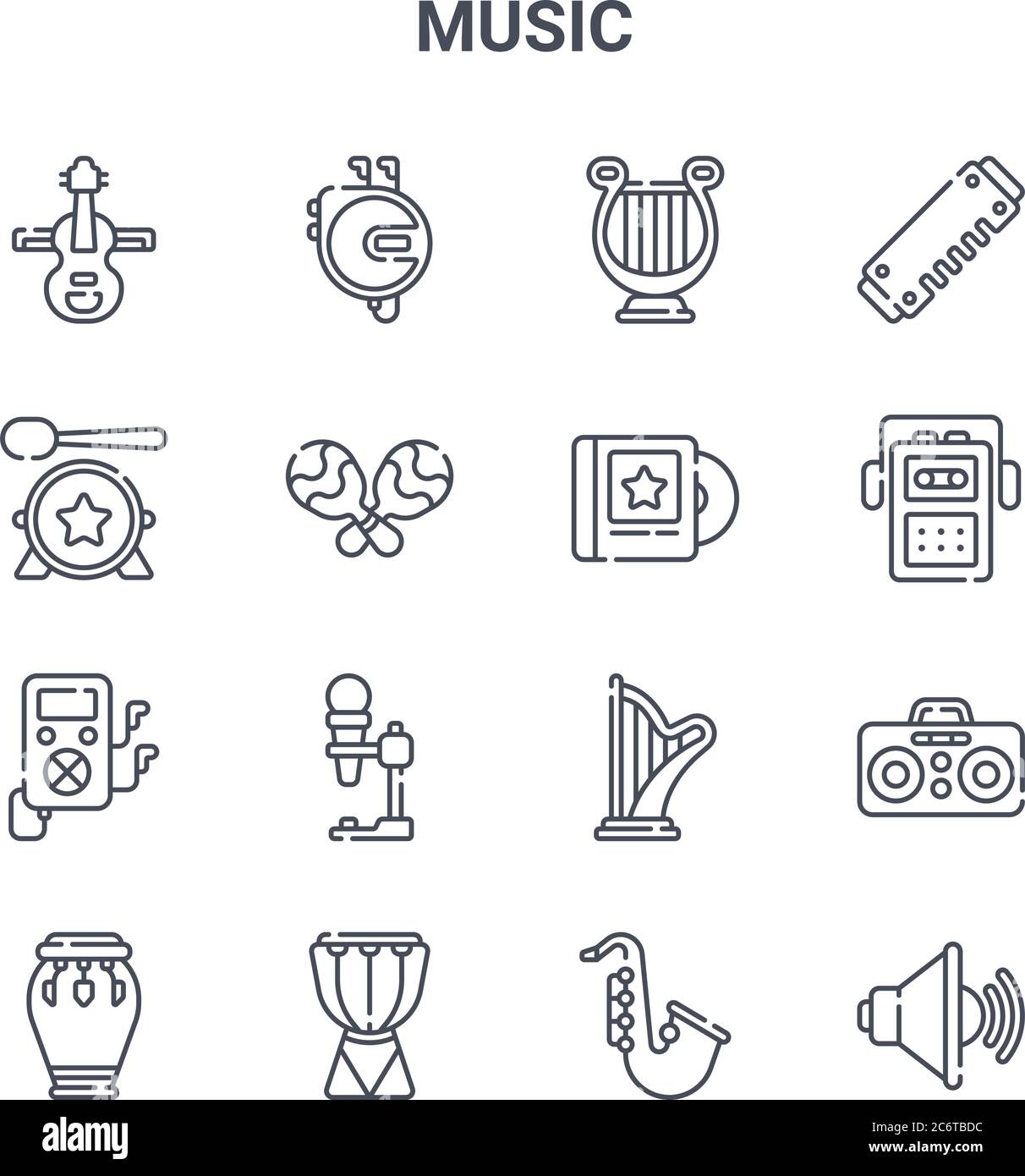 set of 16 music concept vector line icons. 64x64 thin stroke icons such as discman, drum, cassette player, harp, djembe, sound, sax, music album, harm Stock Vector