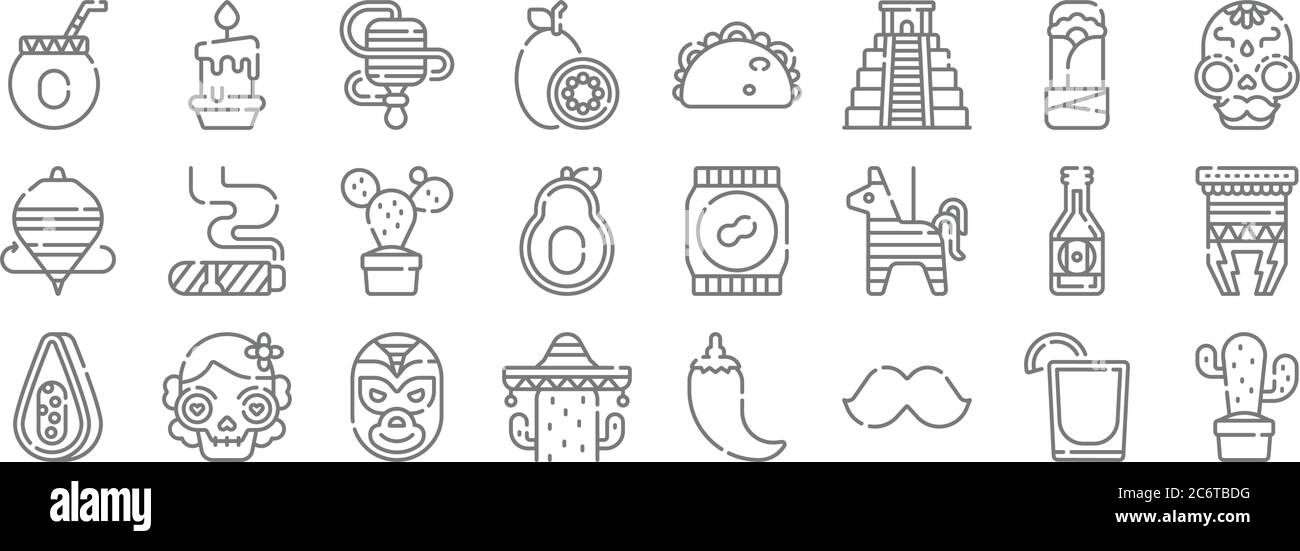 mexico line icons. linear set. quality vector line set such as cactus, moustache, cactus, papaya, beer, cactus, skull, taco, candle Stock Vector