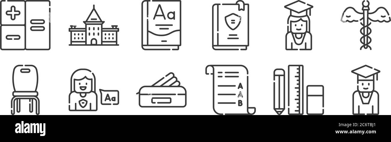 12 set of linear academy icons. thin outline icons such as student ...