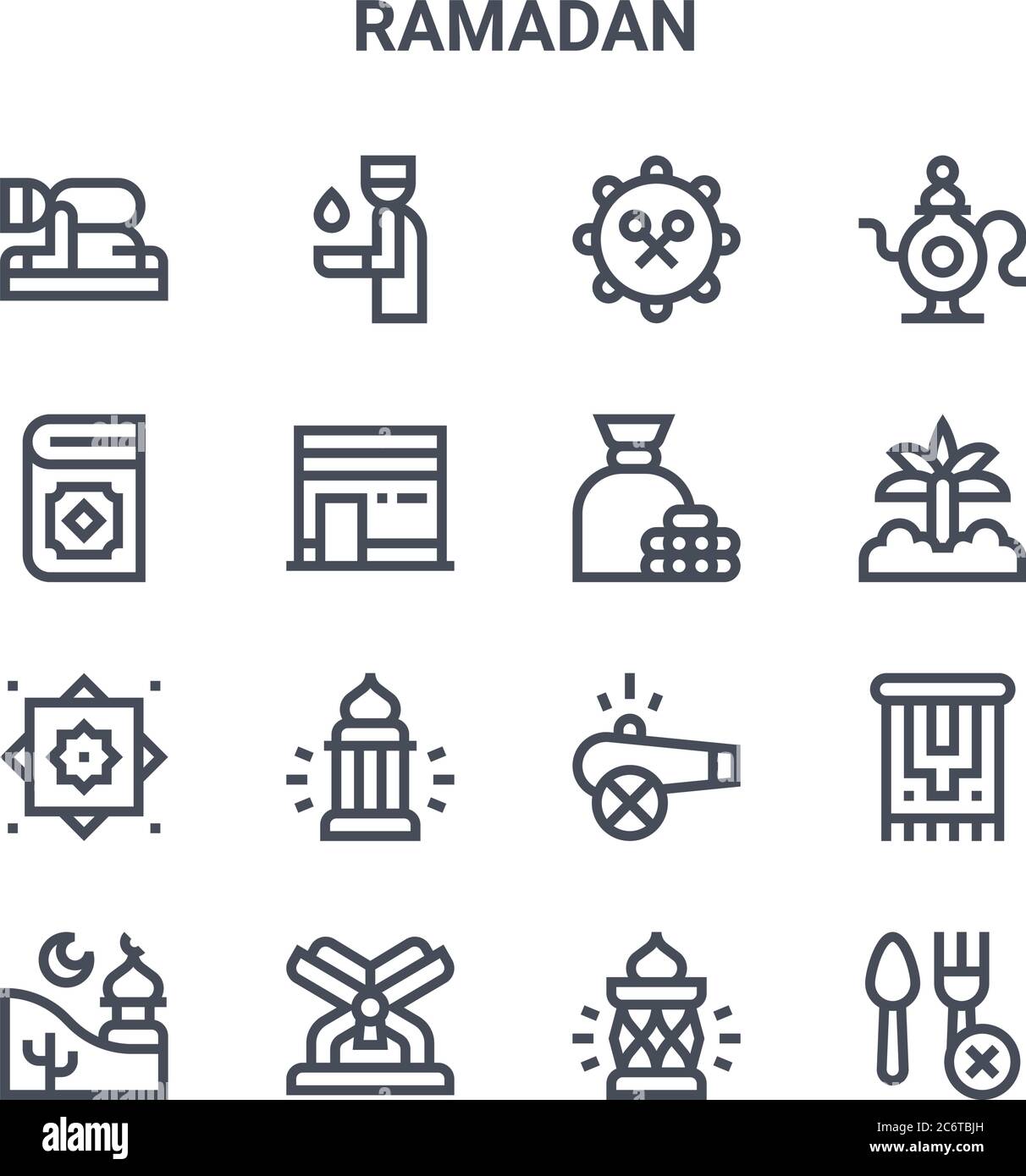 set of 16 ramadan concept vector line icons. 64x64 thin stroke icons such as ablution, quran, palm tree, cannon, quran, eid mubarak, lantern, zakat, t Stock Vector