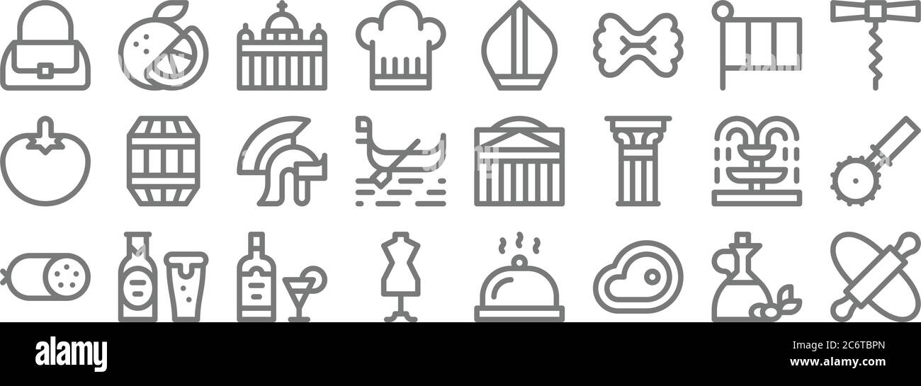 italy line icons. linear set. quality vector line set such as rolling pin, steak, mannequin, pepperoni, fountain, roman helmet, corkscrew, pope, orang Stock Vector