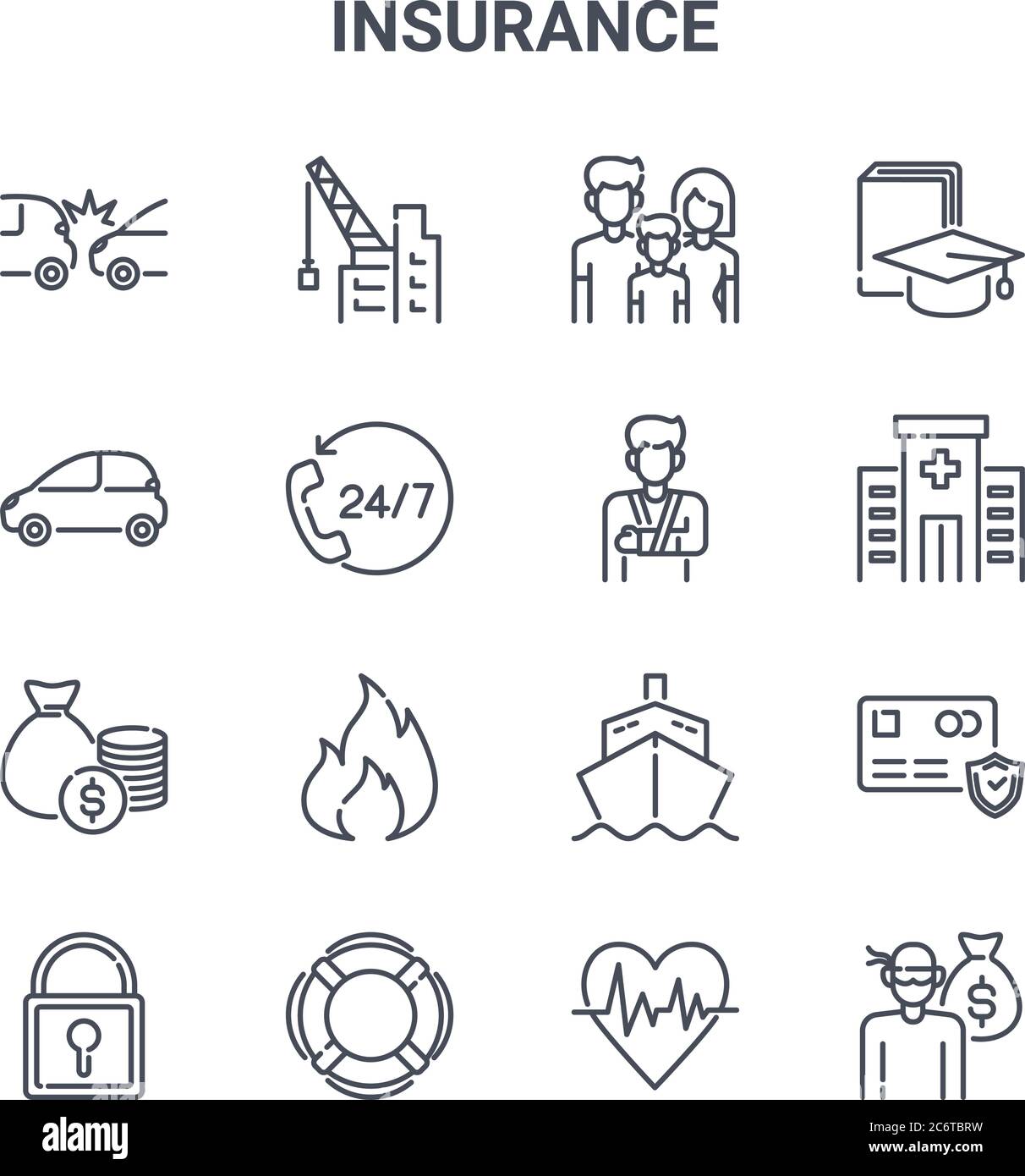 set of 16 insurance concept vector line icons. 64x64 thin stroke icons such as construction, vehicles, hospital facility, shipping, lifebuoy, robbery, Stock Vector