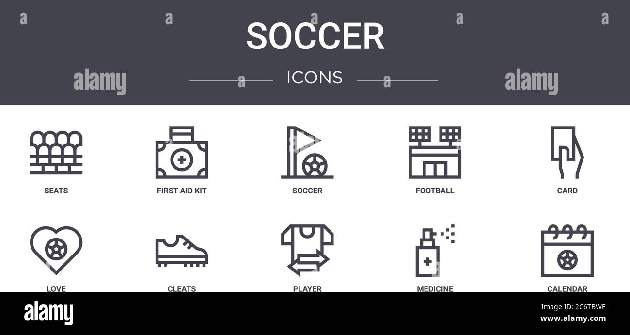 soccer concept line icons set. contains icons usable for web, logo, ui/ux such as first aid kit, football, love, player, medicine, calendar, card, soc Stock Vector