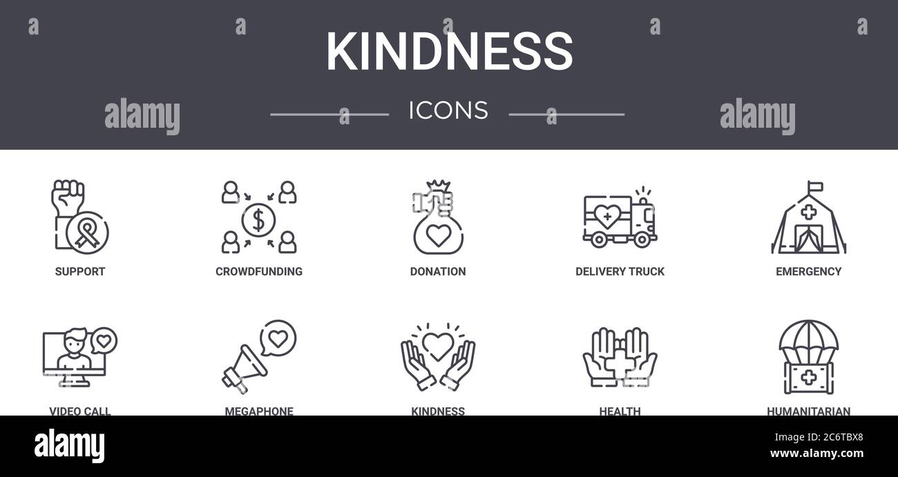 kindness concept line icons set. contains icons usable for web, logo, ui/ux such as crowdfunding, delivery truck, video call, kindness, health, humani Stock Vector