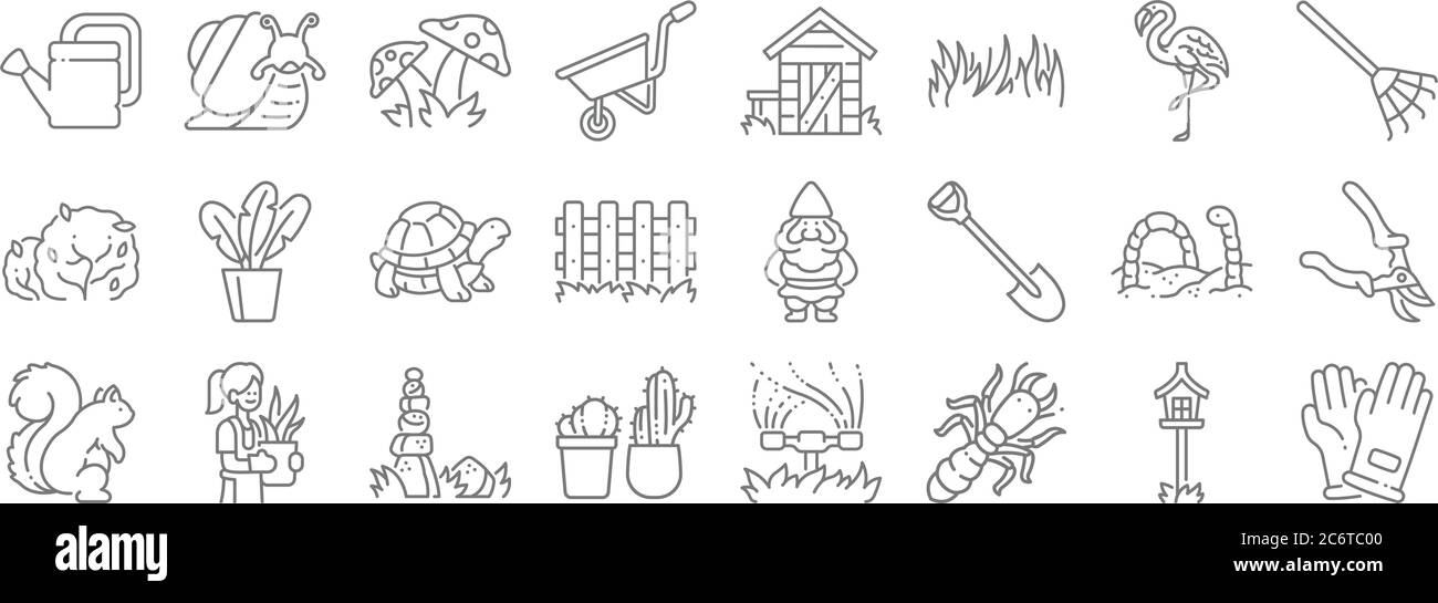 gardening line icons. linear set. quality vector line set such as hand glove, termite, cactus, squirrel, earthworm, turtle, rake, shed, snail Stock Vector