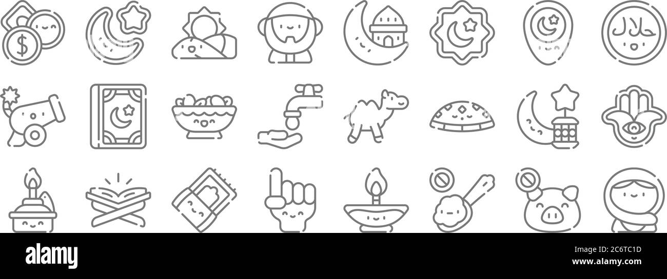 ramadan line icons. linear set. quality vector line set such as muslim, no eating, counting, oil lamp, ramadan, nuts, halal, muslim, muslim Stock Vector
