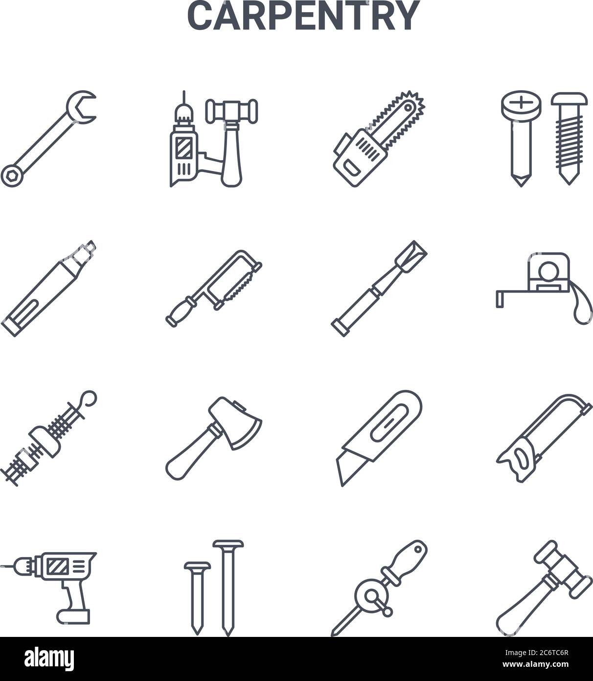 set of 16 carpentry concept vector line icons. 64x64 thin stroke icons ...