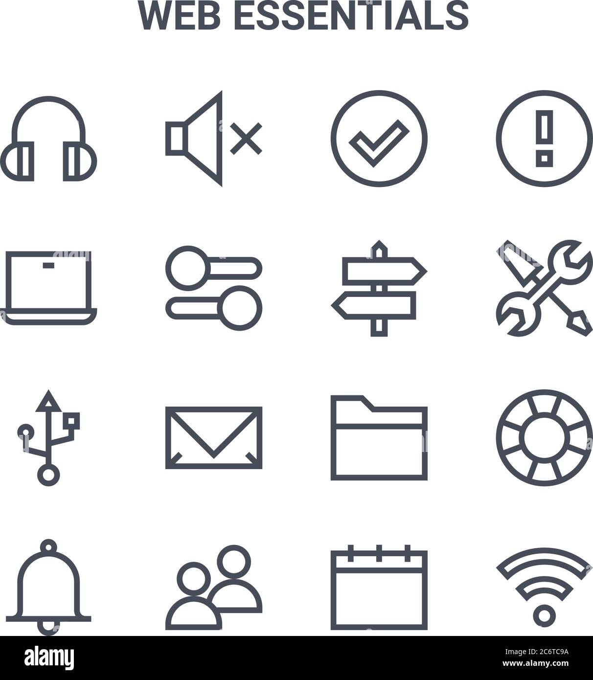 set of 16 web essentials concept vector line icons. 64x64 thin stroke icons such as mute, laptop, settings, file, users, wifi, calendar, direction, wa Stock Vector