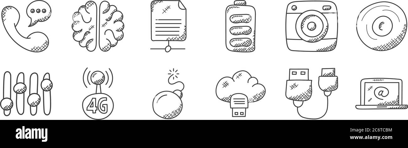 12 set of linear technology icons. thin outline icons such as email, cloud storage, wireless, washing machine, sha, brain for web, mobile Stock Vector