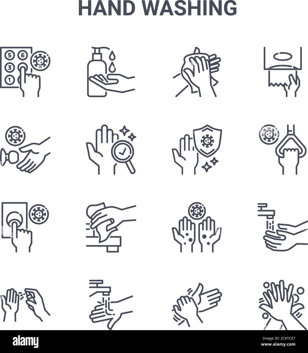 set of 16 hand washing concept vector line icons. 64x64 thin stroke ...