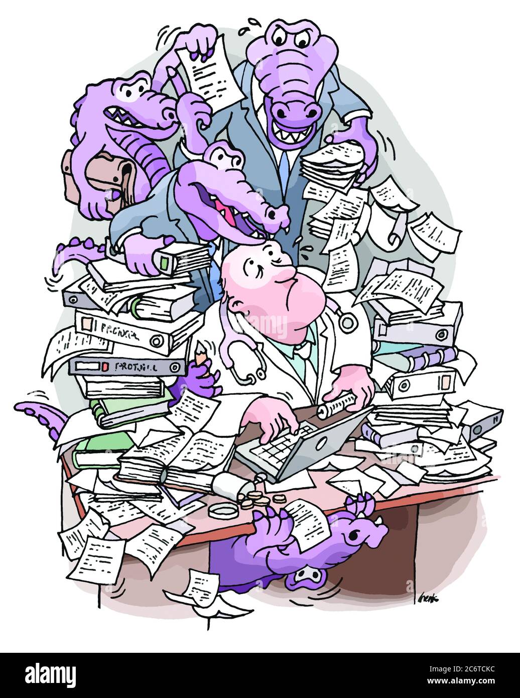 Desperate doctor sits at desk and is overwhelmed and threatened by bureaucratic purple crocodiles with documents and protocols Stock Photo