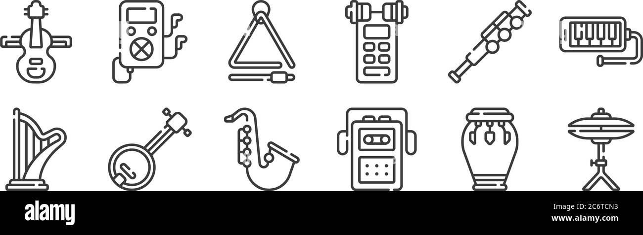 12 set of linear music icons. thin outline icons such as cymbals ...