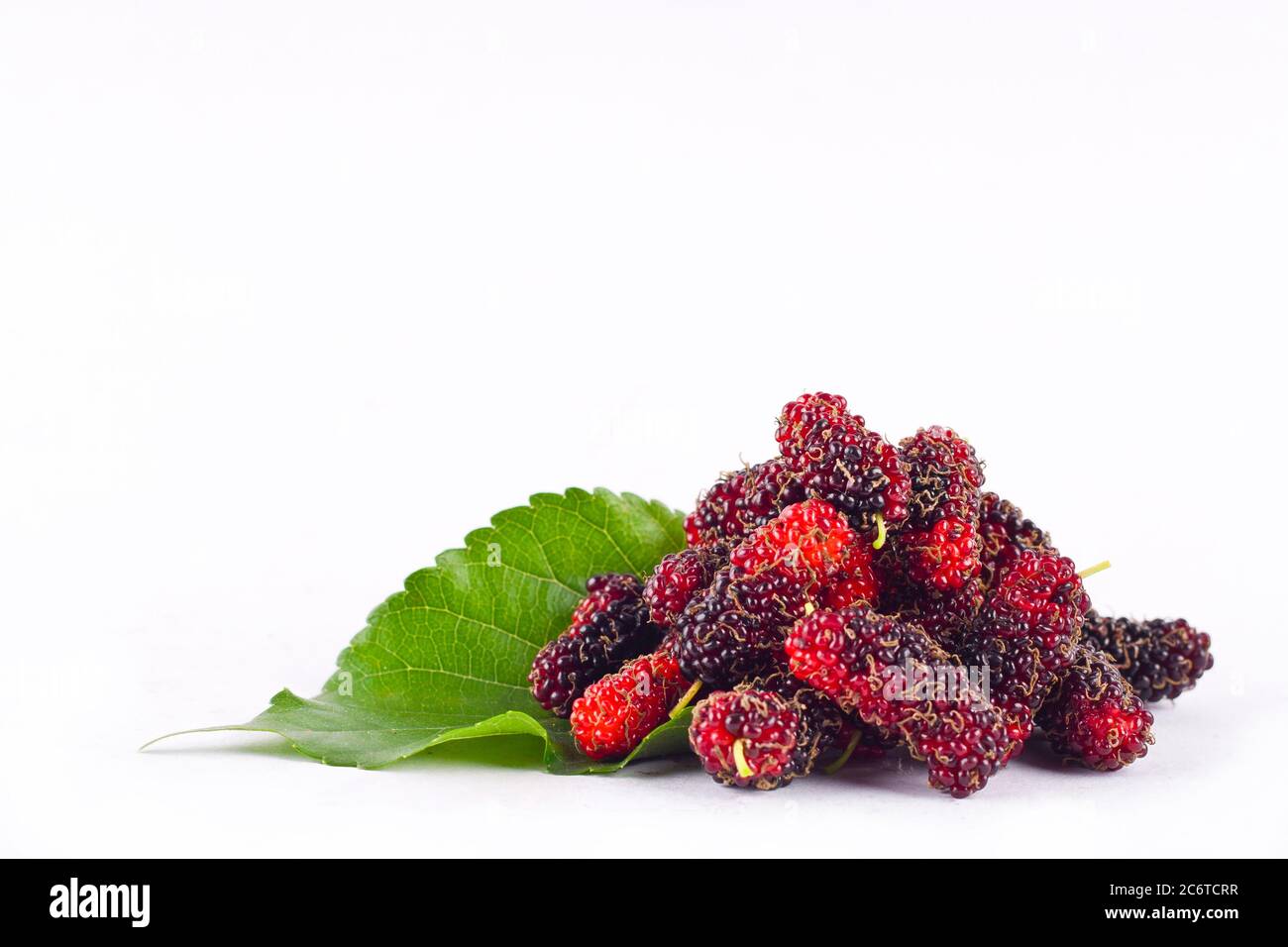 mulberries  fruit and  mulberry leaf on white background healthy mulberry fruit food isolated Stock Photo