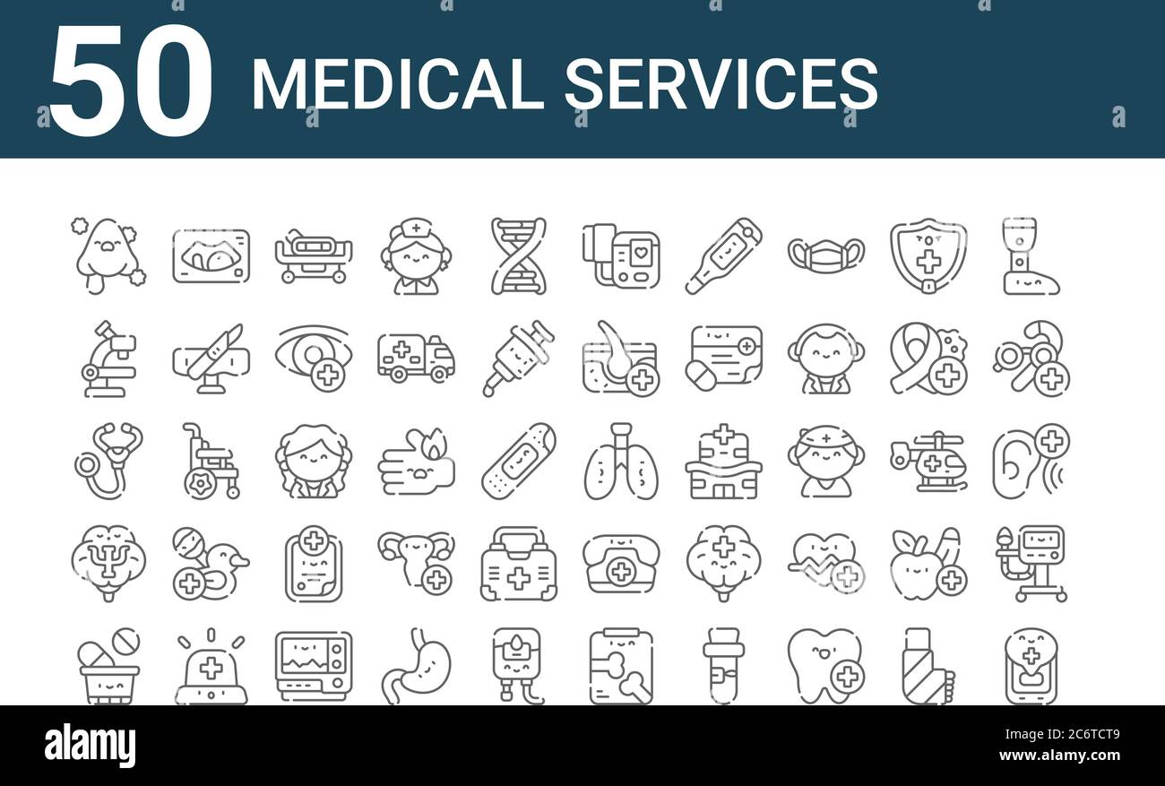 set of 50 medical services icons. outline thin line icons such as medical app, pills, psychology, stethoscope, microscope, ultrasound machine, lungs Stock Vector