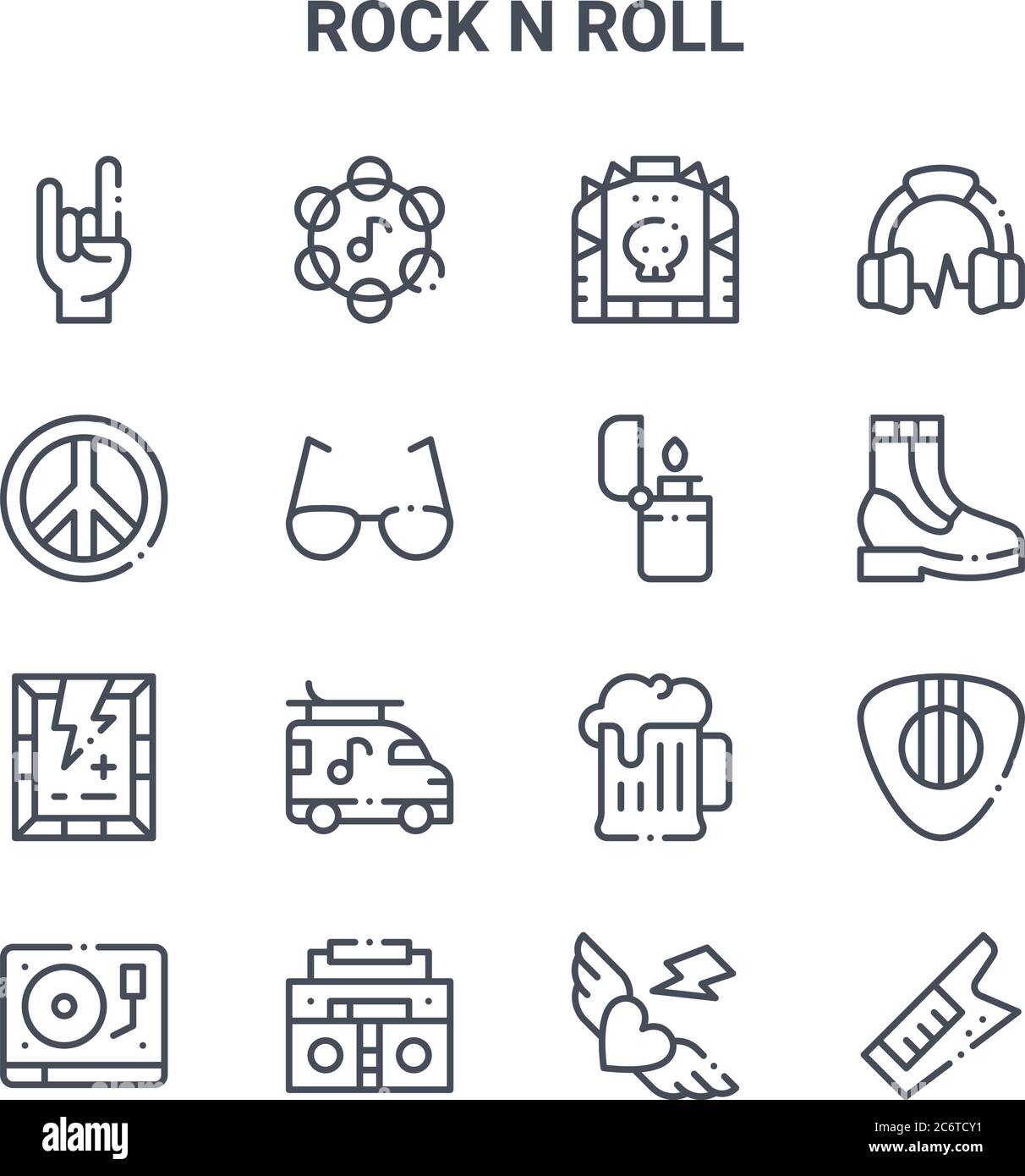 set of 16 rock n roll concept vector line icons. 64x64 thin stroke icons such as tambourine, peace, boots, alcohol, boombox, keytar, tattoo, lighter, Stock Vector