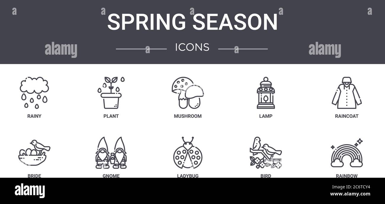 spring season concept line icons set. contains icons usable for web, logo, ui/ux such as plant, lamp, bride, ladybug, bird, rainbow, raincoat, mushroo Stock Vector
