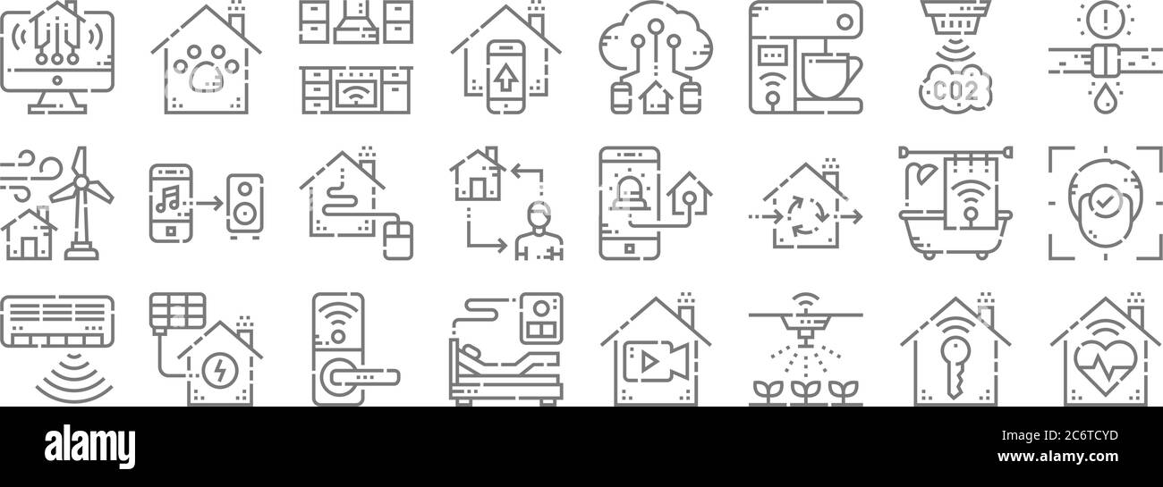smarthome line icons. linear set. quality vector line set such as health, watering, hospital bed, air conditioner, bathroom, home control, leak, cloud Stock Vector