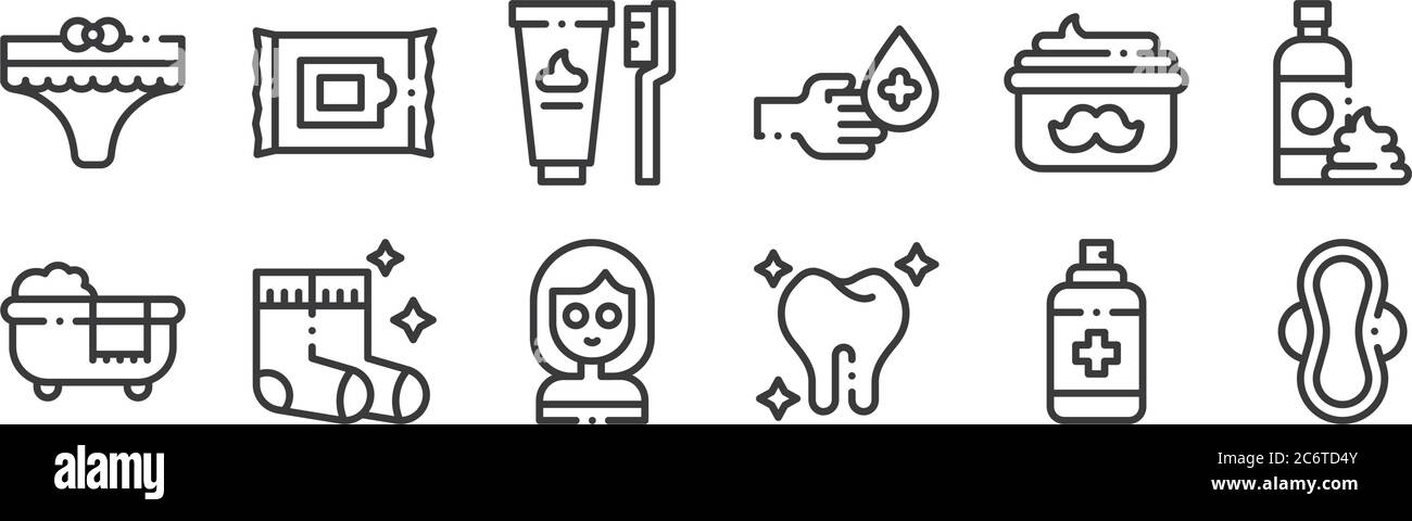 12 set of linear hygiene routine icons. thin outline icons such as ...