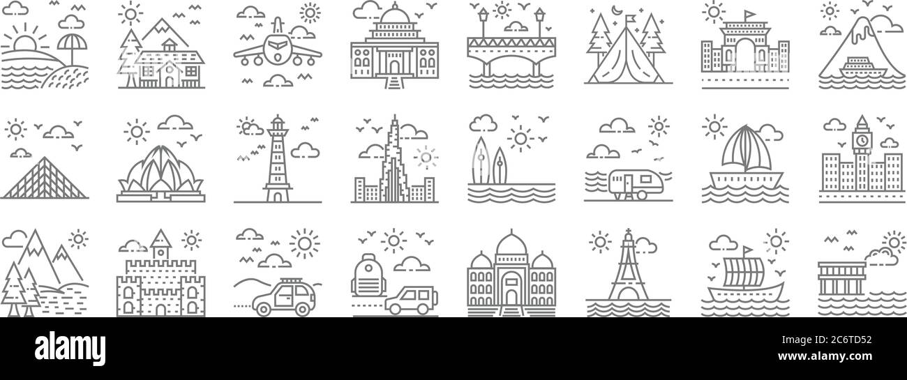 tourism line icons. linear set. quality vector line set such as coast, eiffel tower, road trip, lake, cruise ship, lighthouse, cruise ship, bridge, ma Stock Vector