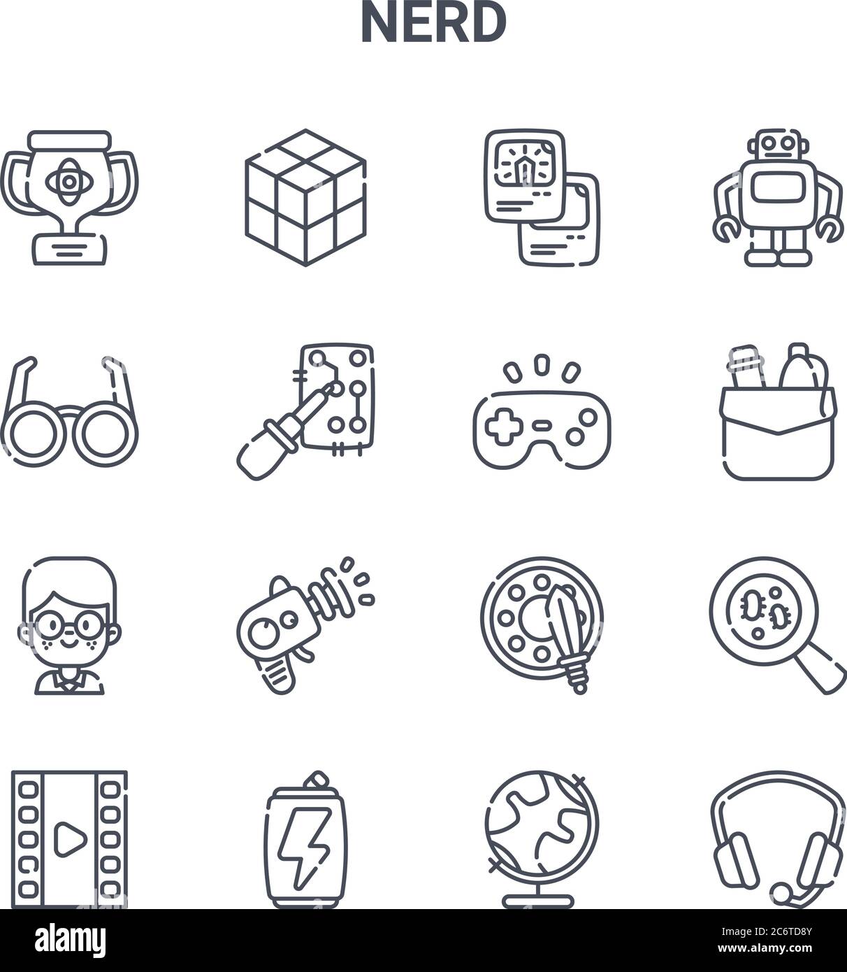 set of 16 nerd concept vector line icons. 64x64 thin stroke icons such as rubik, eyeglasses, pocket, , energy drink, headphone, geography, console, ro Stock Vector