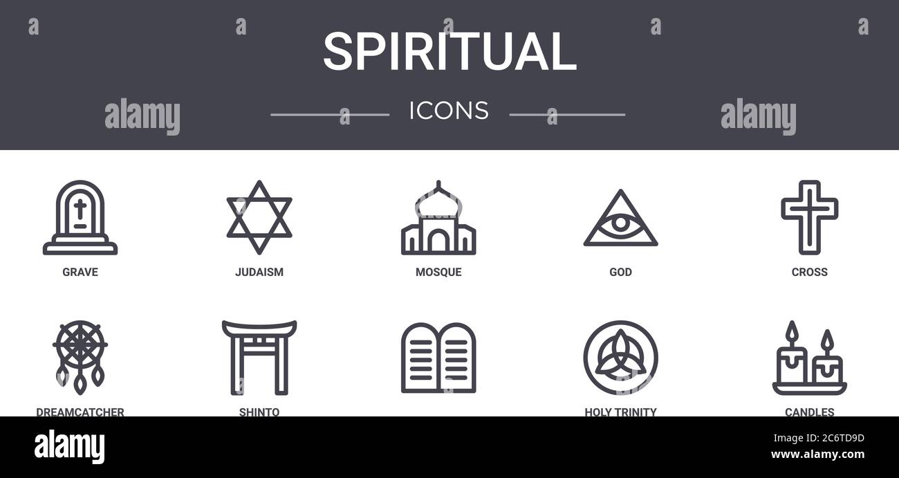 spiritual concept line icons set. contains icons usable for web, logo, ui/ux such as judaism, god, dreamcatcher, , holy trinity, candles, cross, mosqu Stock Vector