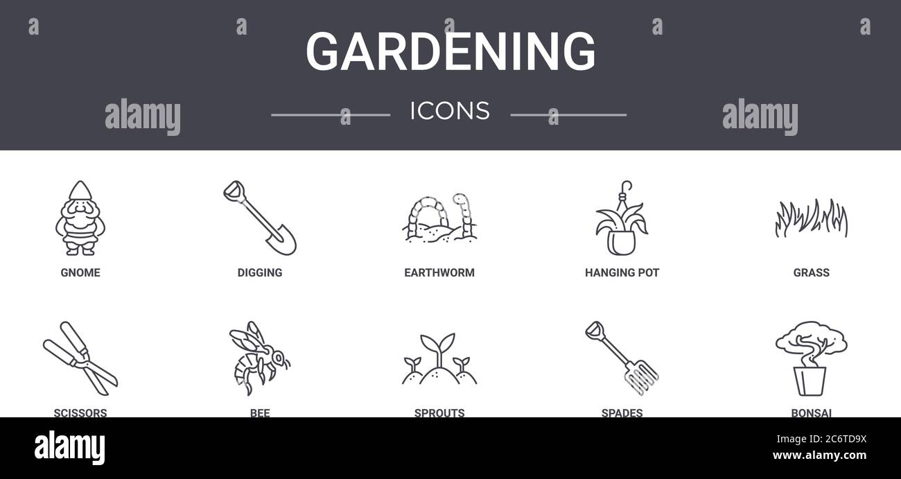 gardening concept line icons set. contains icons usable for web, logo, ui/ux such as digging, hanging pot, scissors, sprouts, spades, bonsai, grass, e Stock Vector