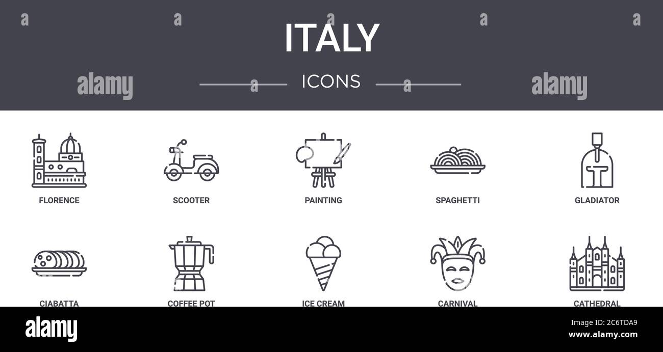 italy concept line icons set. contains icons usable for web, logo, ui/ux such as scooter, spaghetti, ciabatta, ice cream, carnival, cathedral, gladiat Stock Vector