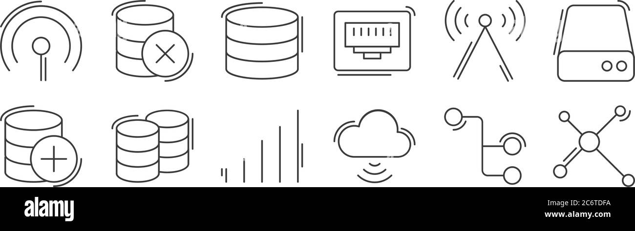 12 set of linear network and database icons. thin outline icons such as network, cloud storage, database, , database, database for web, mobile Stock Vector