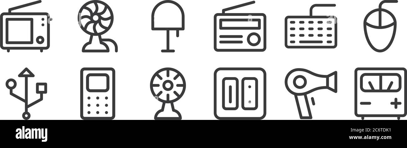 12 set of linear electronics icons. thin outline icons such as voltage indicator, electric outlet, phone, keyboard, table lamp, fan for web, mobile Stock Vector