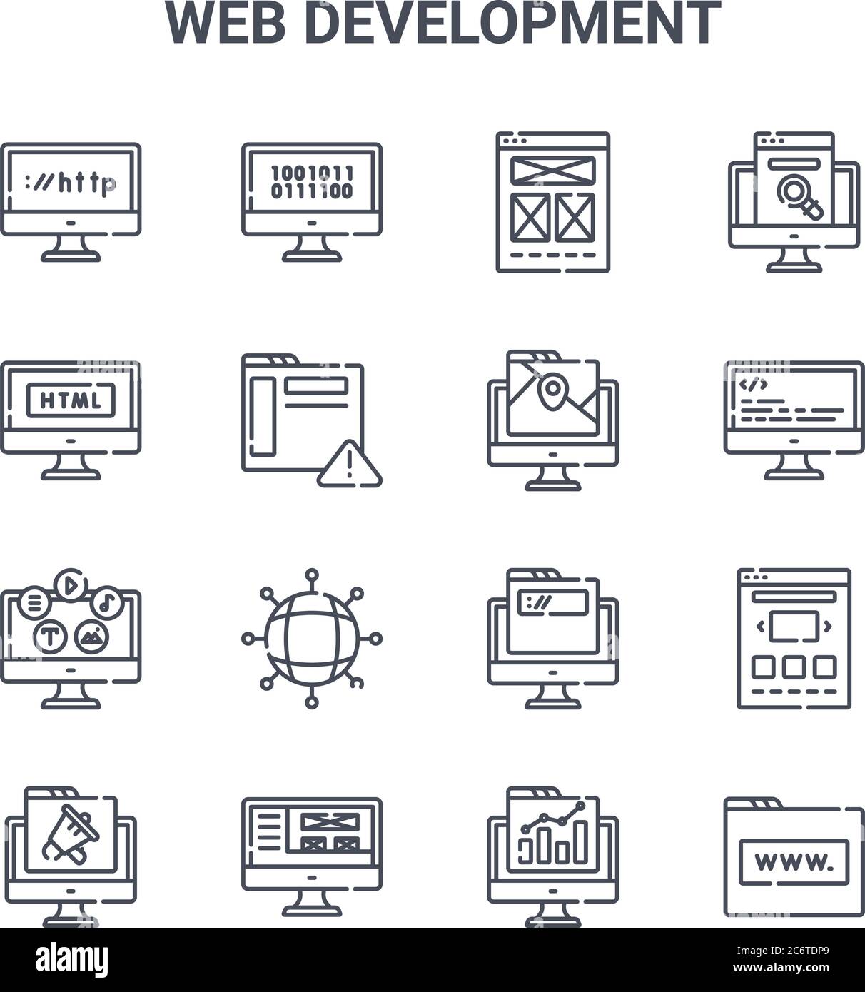 set of 16 web development concept vector line icons. 64x64 thin stroke icons such as binary, html, coding, domain, front end, website, analytics, map, Stock Vector