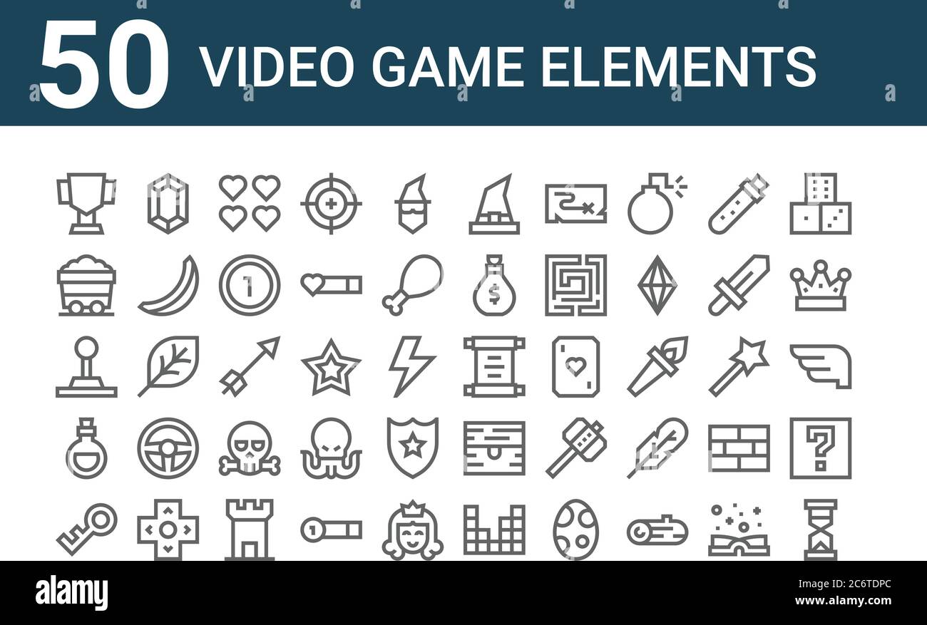 set of 50 video game elements icons. outline thin line icons such as hourglass, password, love potion, joystick, mining cart, gem, old paper Stock Vector