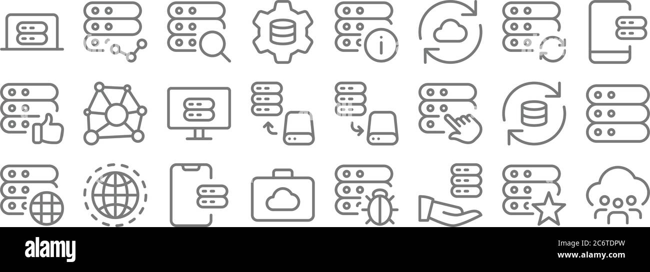 work office server line icons. linear set. quality vector line set such as sha folder, data sharing, suitcase, website, sync, server, server, info, ne Stock Vector