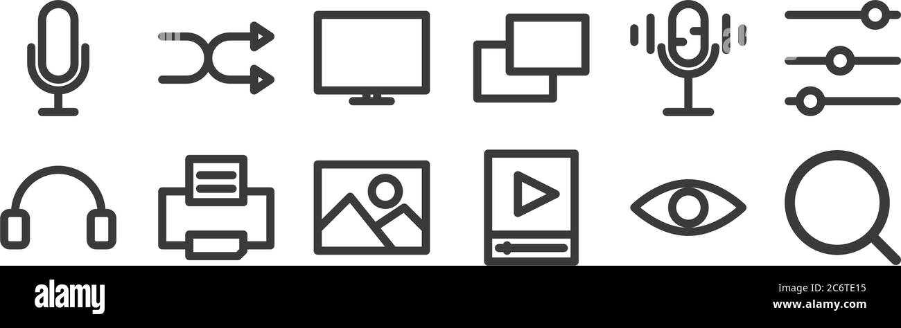 12 set of linear multimedia icons. thin outline icons such as search ...