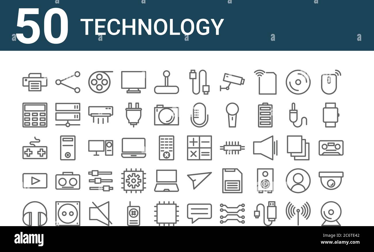 set of 50 technology icons. outline thin line icons such as web cam ...