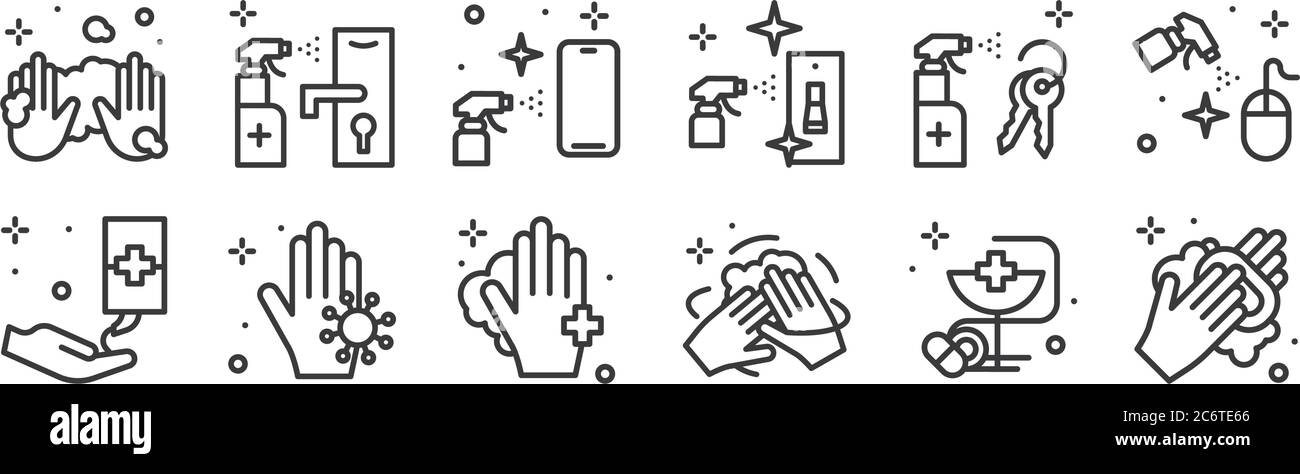 12 set of linear hygiene icons. thin outline icons such as hand wash ...