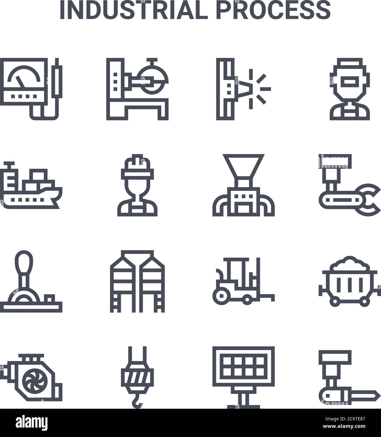 set of 16 industrial process concept vector line icons. 64x64 thin stroke icons such as saw machine, cargo ship, industrial robot, forklift, hook, rob Stock Vector