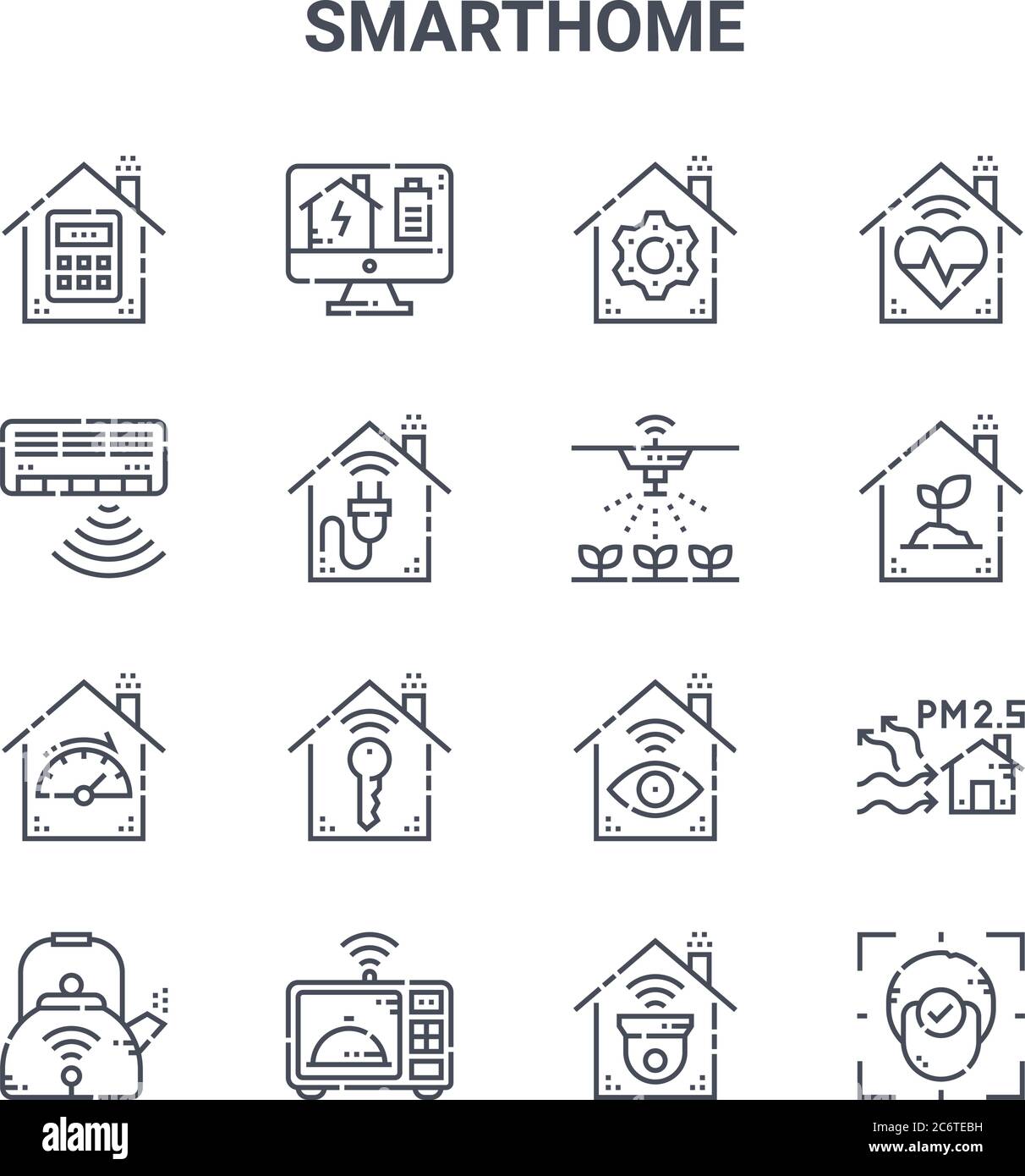 set of 16 smarthome concept vector line icons. 64x64 thin stroke icons such as energy, air conditioner, eco house, monitor, microwave, face recognitio Stock Vector