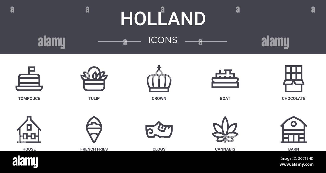 holland concept line icons set. contains icons usable for web, logo, ui/ux such as tulip, boat, house, clogs, cannabis, barn, chocolate, crown Stock Vector