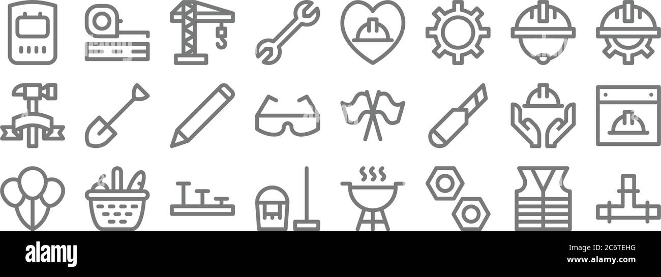 labour day line icons. linear set. quality vector line set such as pipe, nut, cleaning, balloons, labor day, pencil, labor day, labor tape Stock Vector