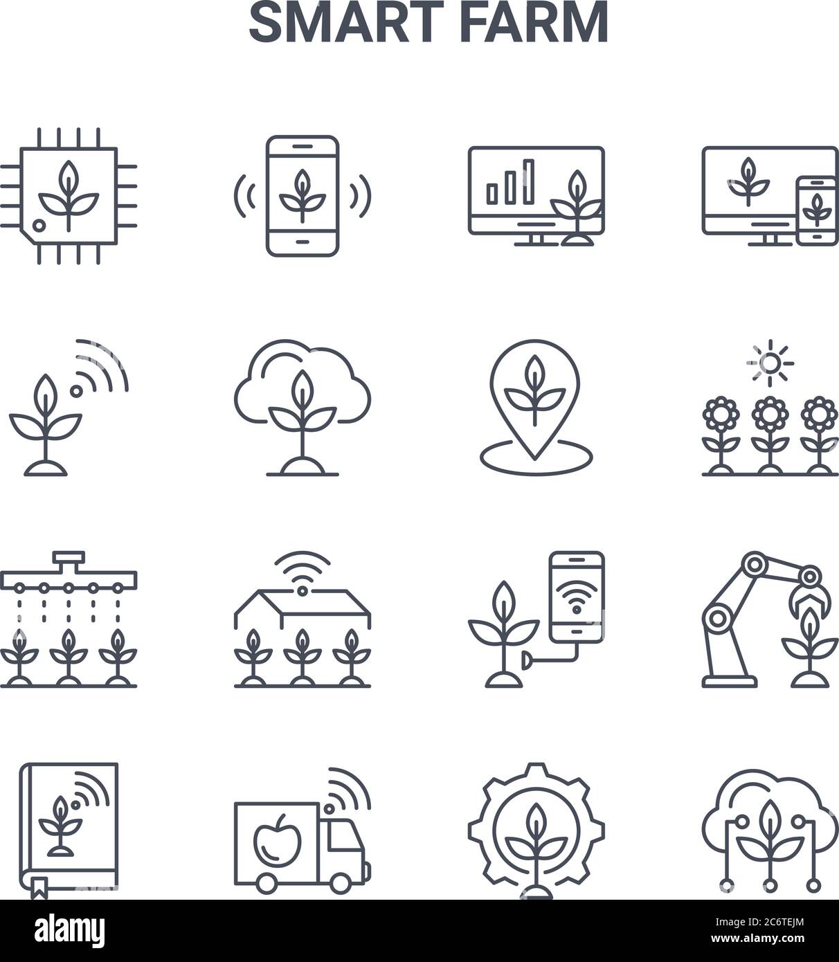 set of 16 smart farm concept vector line icons. 64x64 thin stroke icons ...