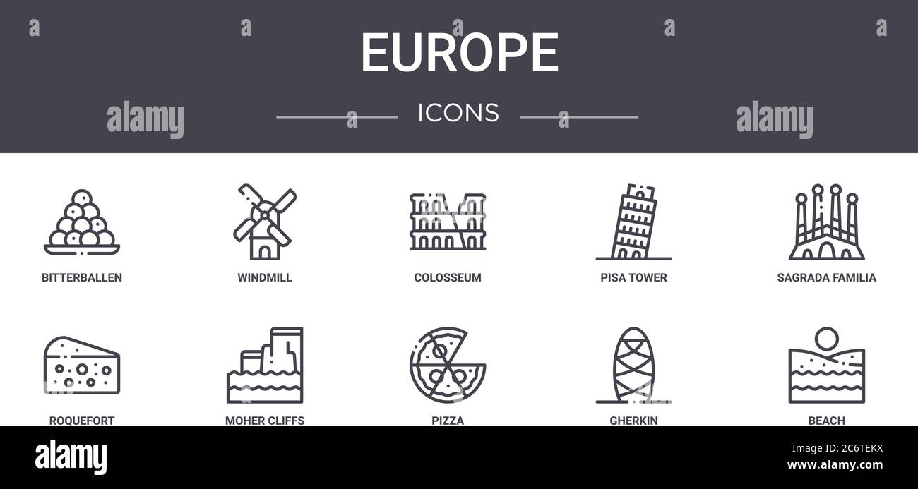 europe concept line icons set. contains icons usable for web, logo, ui/ux such as windmill, pisa tower, roquefort, pizza, gherkin, beach, sagrada fami Stock Vector
