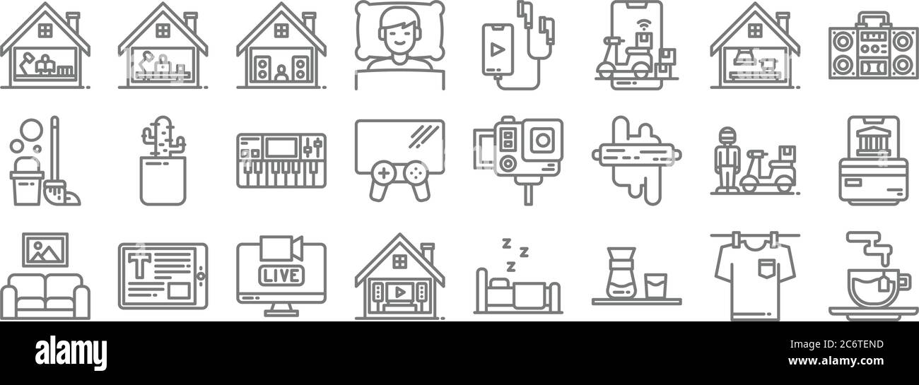 stay at home line icons. linear set. quality vector line set such as tea, coffee, home theater, relax, delivery, synthesizer, radio, music player, wor Stock Vector