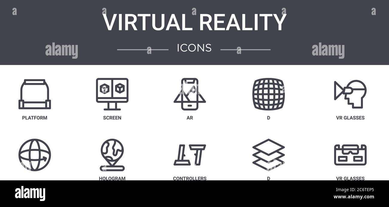 virtual reality concept line icons set. contains icons usable for web, logo, ui/ux such as screen, d, , controllers, d, vr glasses, vr glasses, ar Stock Vector