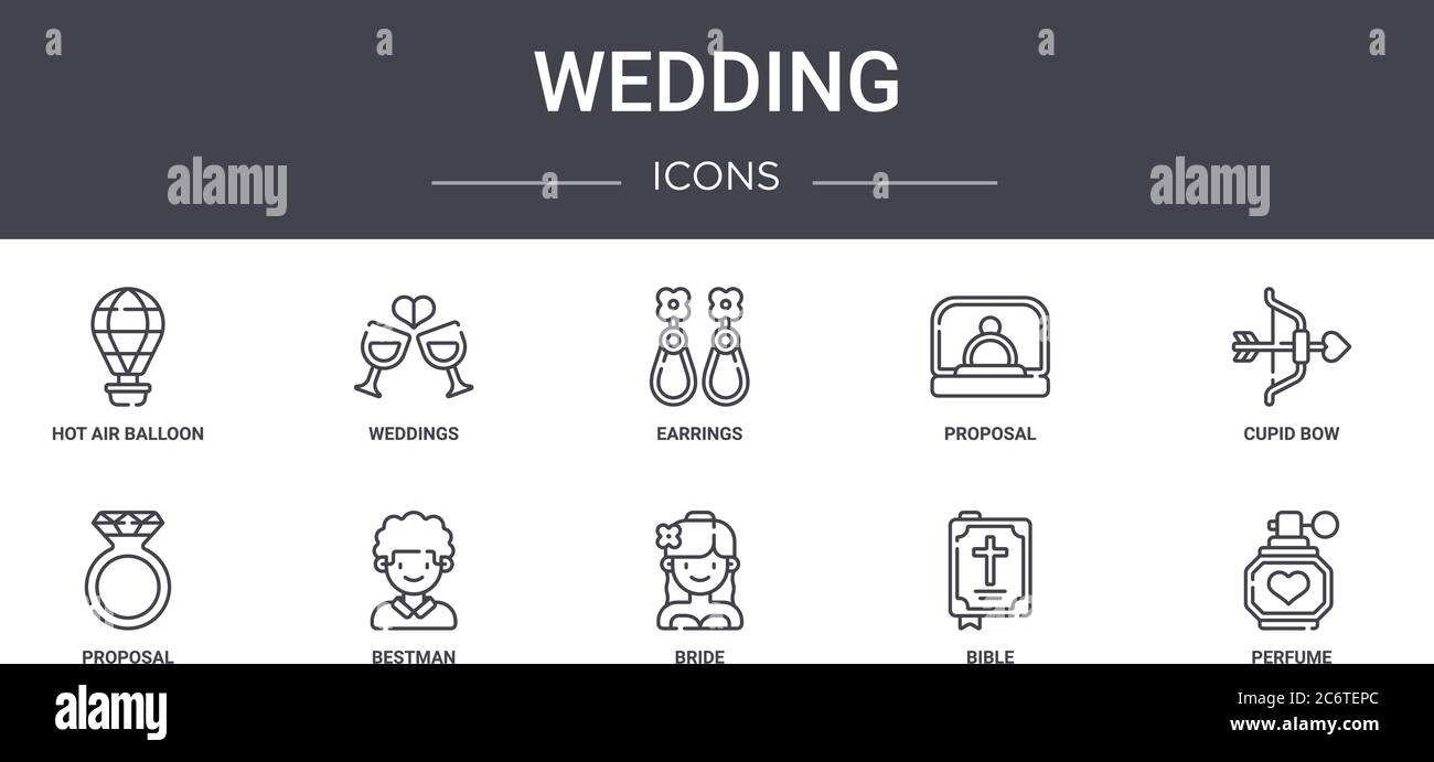 wedding concept line icons set. contains icons usable for web, logo, ui/ux such as weddings, proposal, proposal, bride, bible, perfume, cupid bow, ear Stock Vector