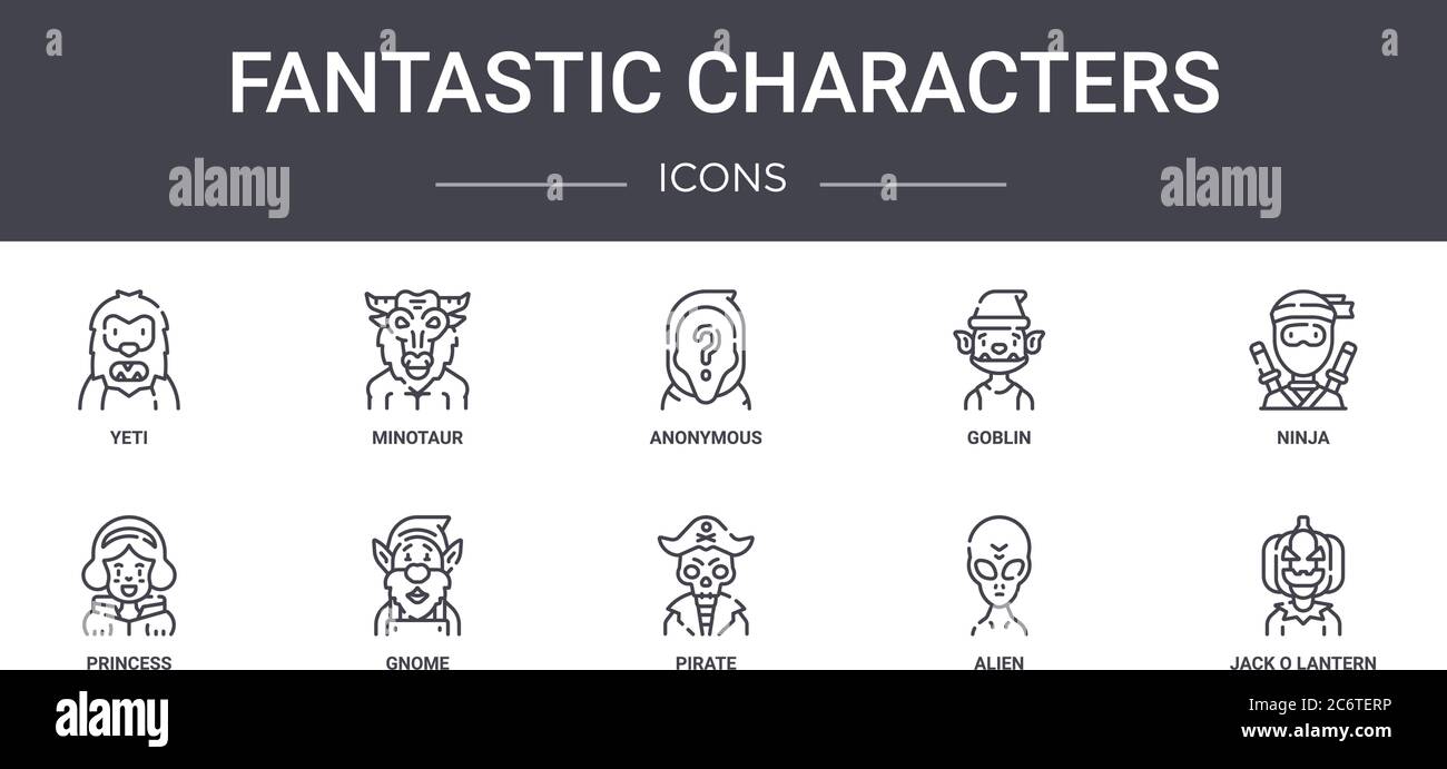 fantastic characters concept line icons set. contains icons usable for web, logo, ui/ux such as minotaur, goblin, princess, pirate, alien, jack o lant Stock Vector